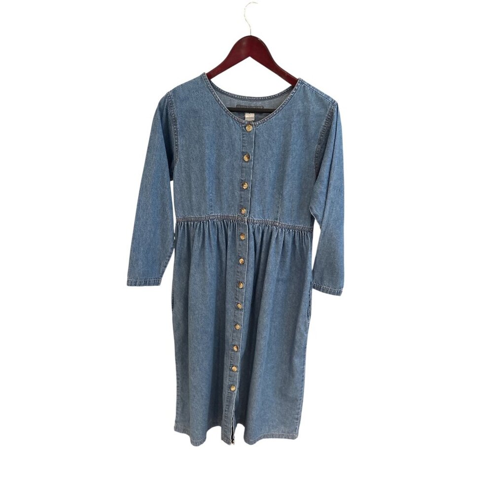 Upper West Side Womens Button-Front Denim Dress 3/4 Sleeve Size S 44" Length 19"